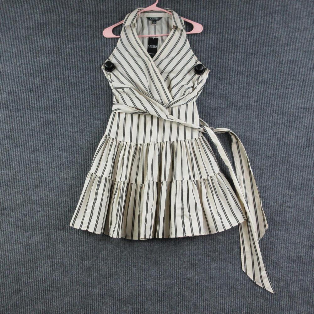 Lauren Ralph Lauren Dress Womens 4 Cream Striped Wrap Belted Tie Sleeveless NWT